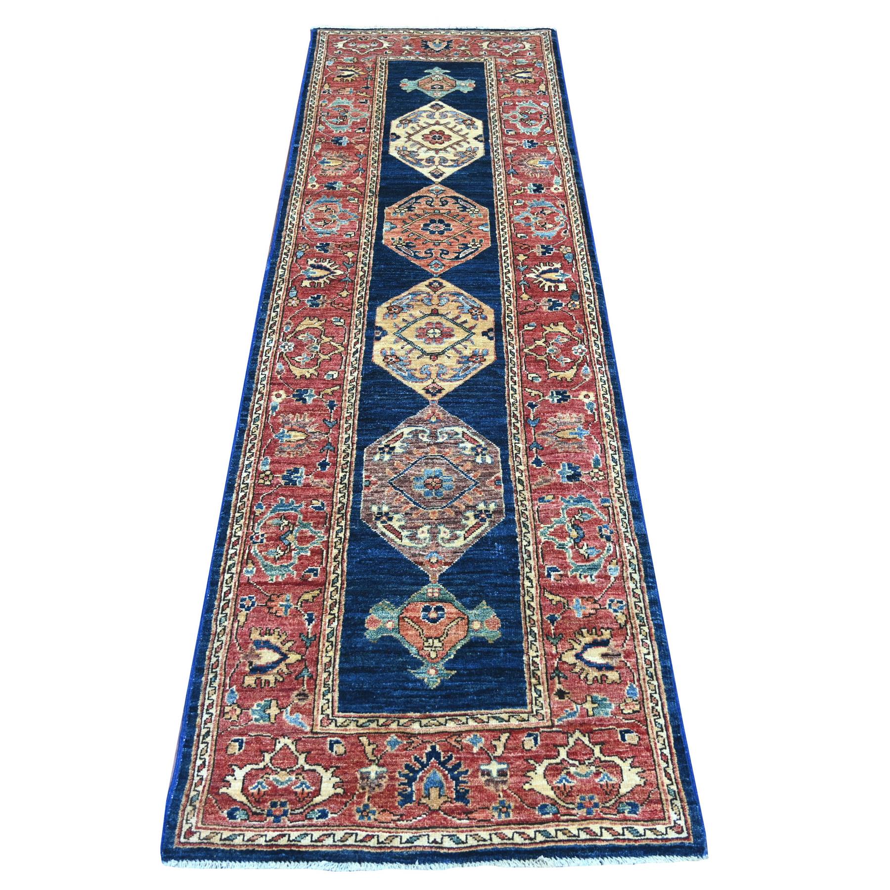 2'6"x8'1" Yale Blue, Serapi Heriz Bakshaish Design, High Mountain Wool, Aryana Collection, Vegetable Dyes, Soft Pile, Hand Knotted, Densely Woven, Runner, Oriental Rug 